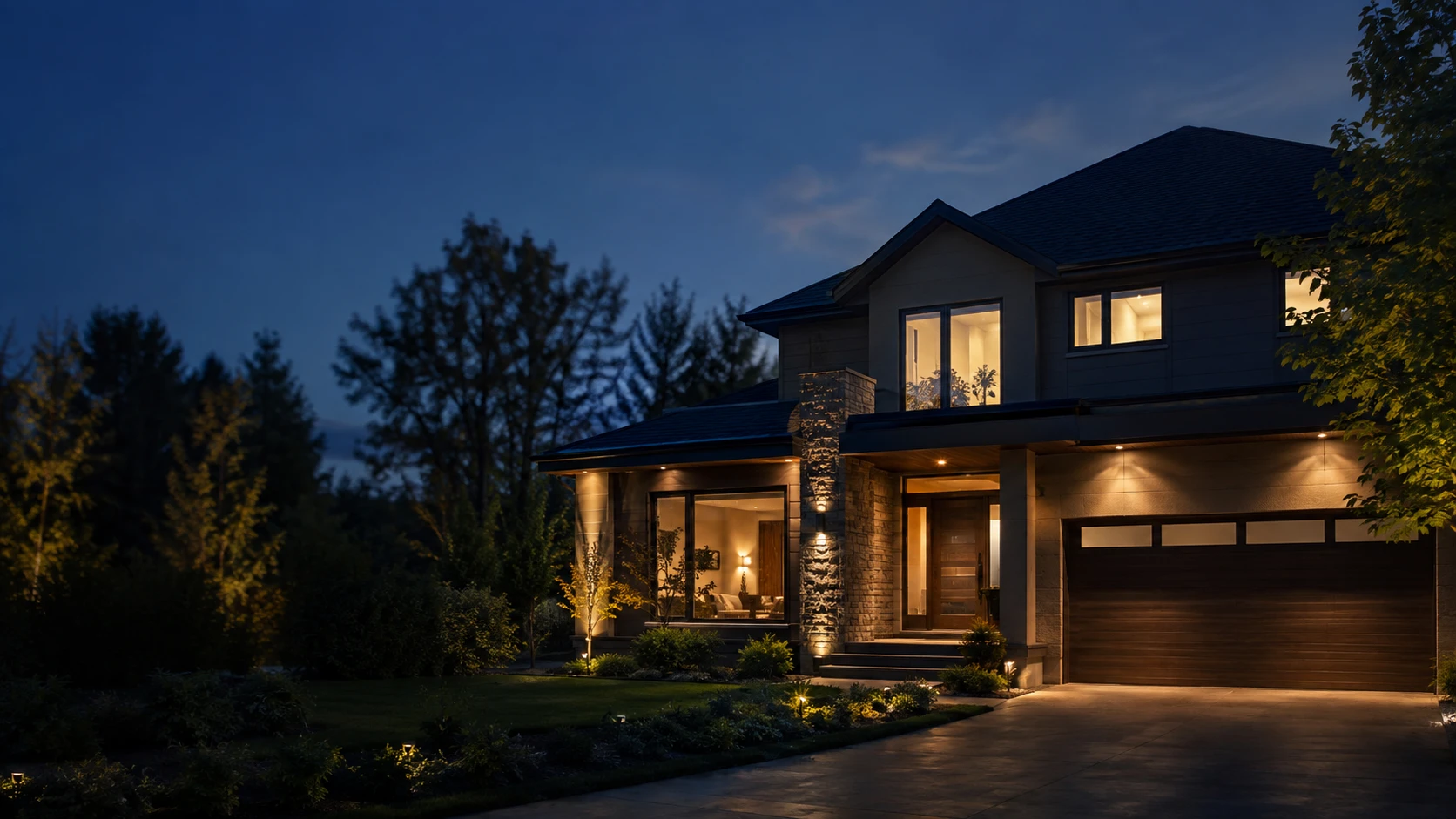Contemporary home at blue hour with warm integrated lighting