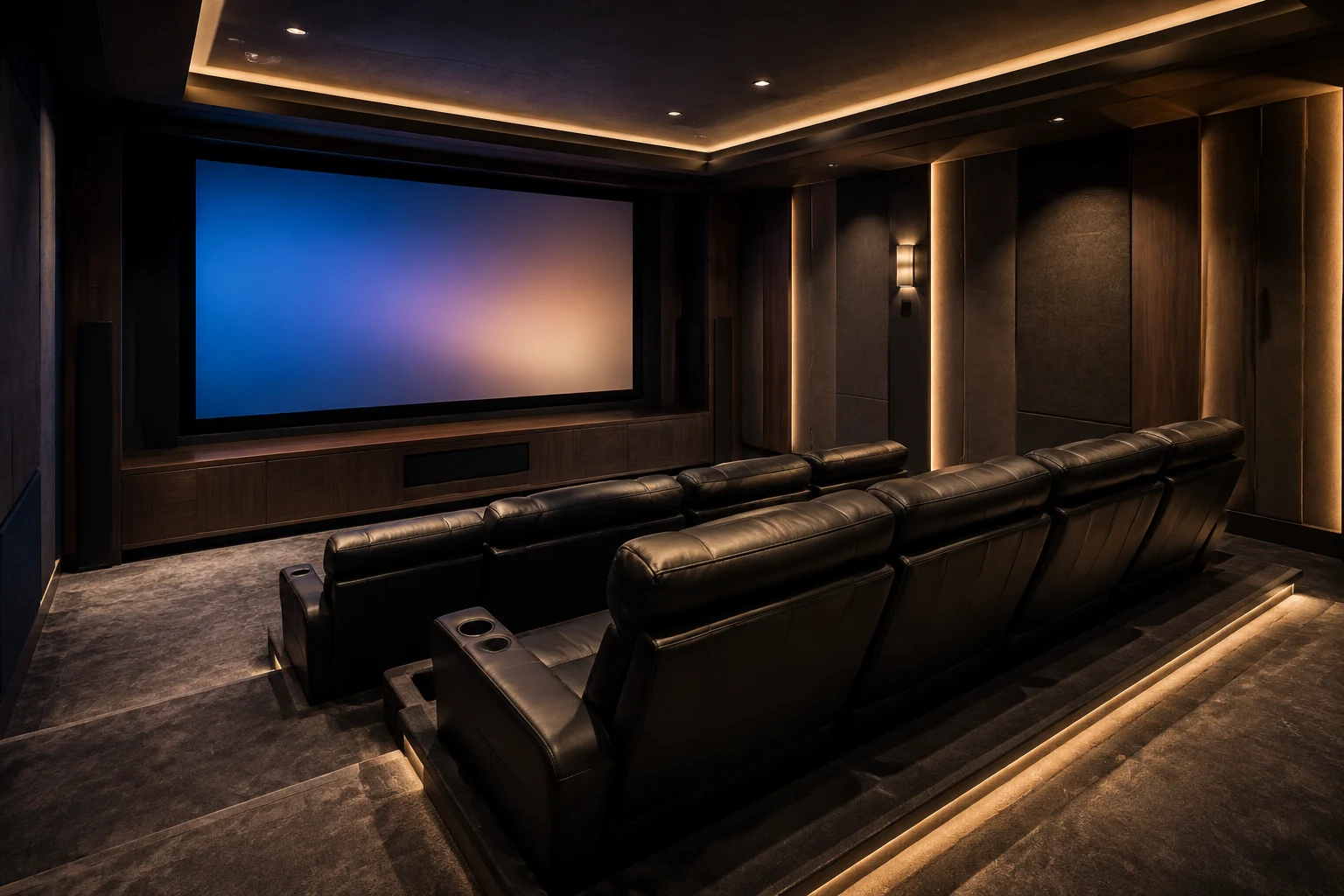 Dedicated home theater with projection screen and surround sound