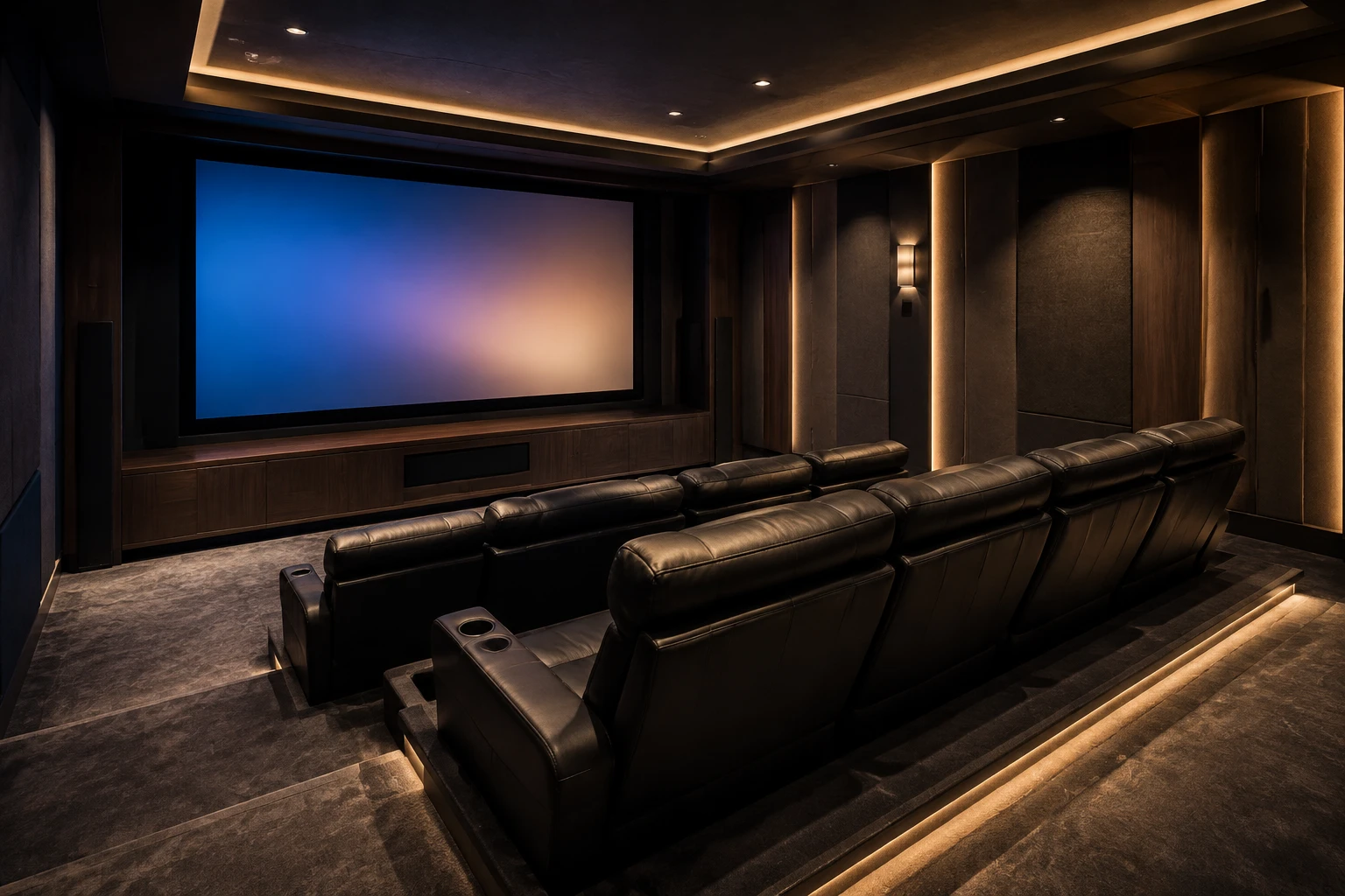 Dedicated home theater with projection screen and surround sound