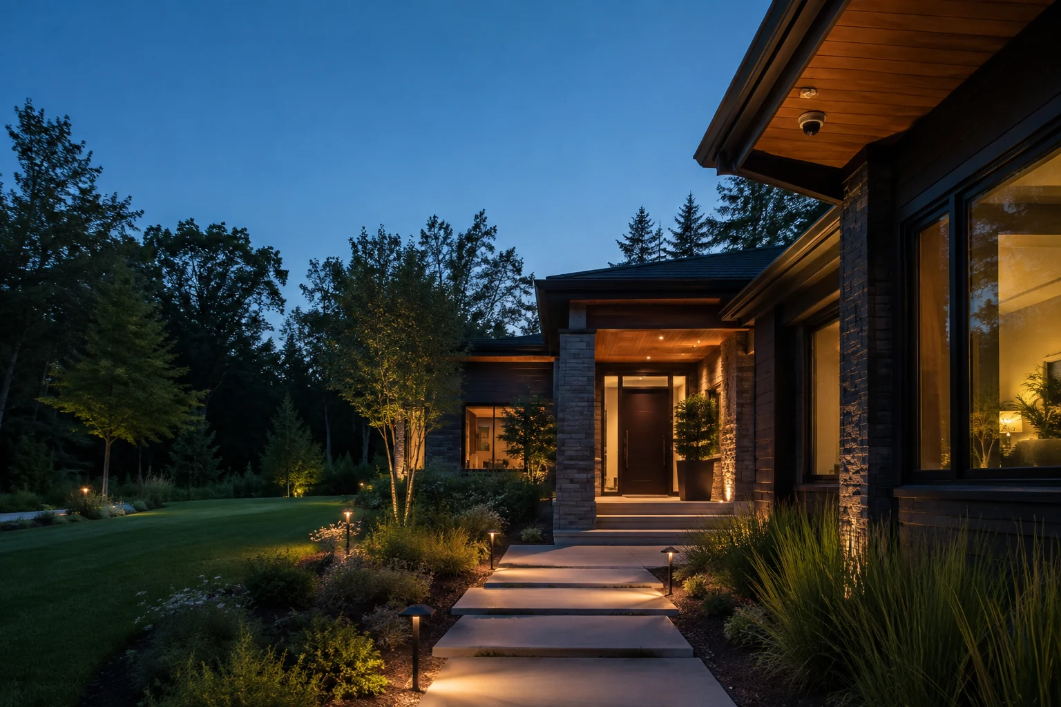Modern home shown with connected security and lighting controls