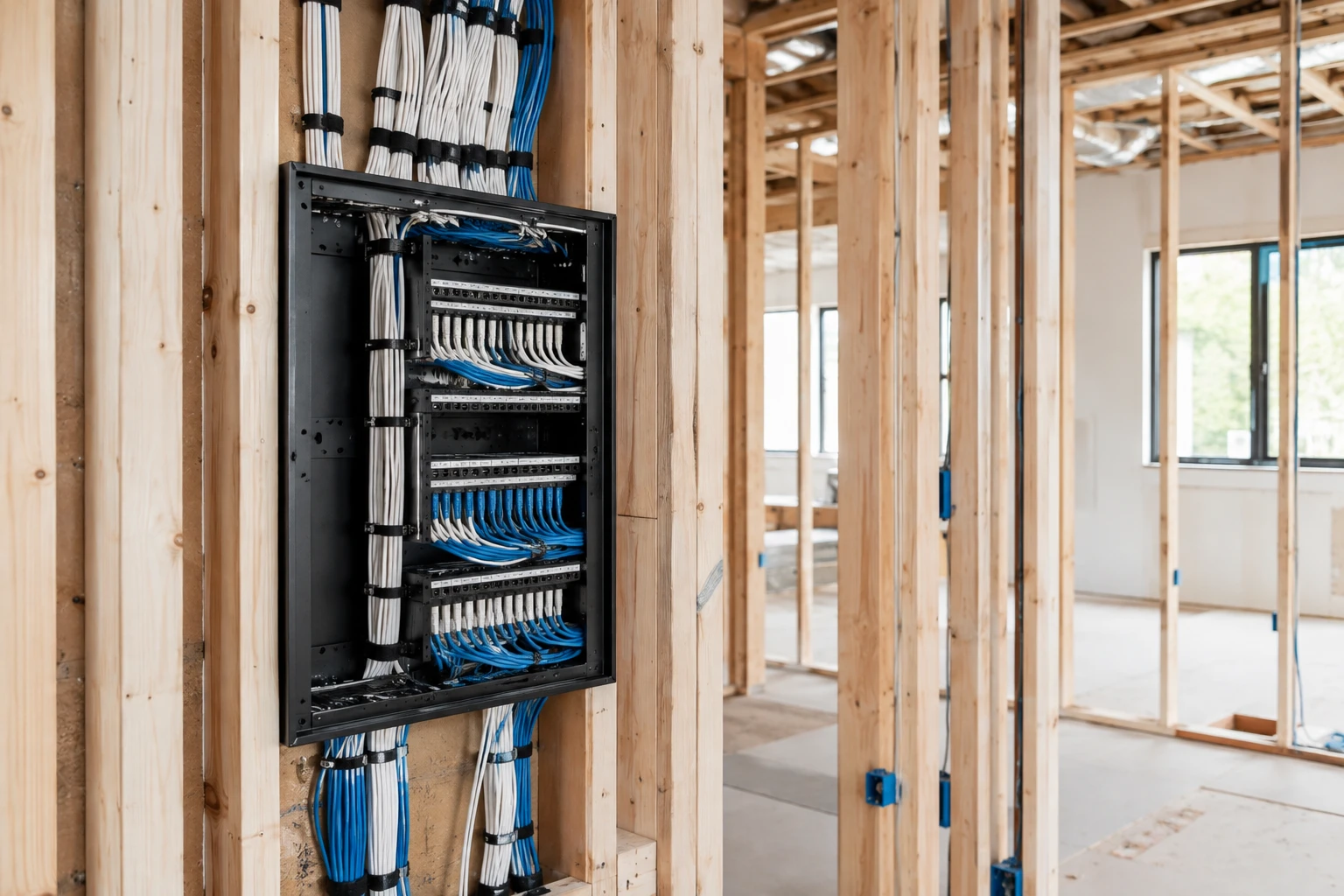 Structured network cables organized inside an equipment rack