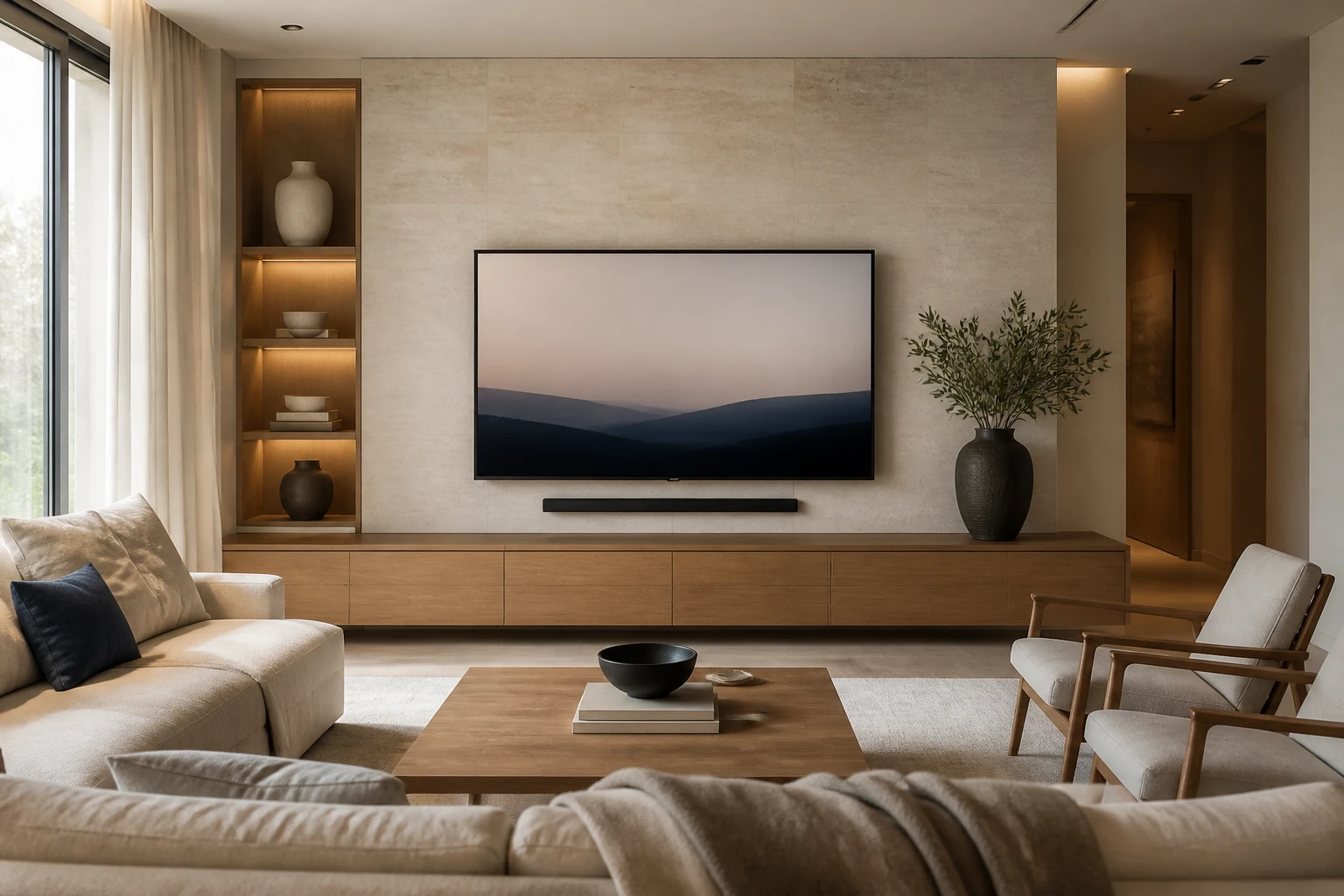 Wall-mounted television above a low media console
